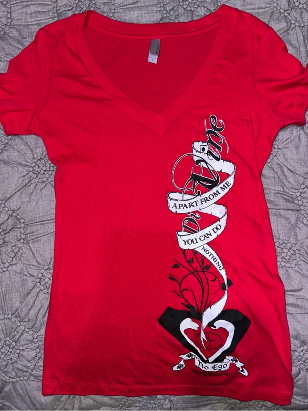 Next Level Apparel Red V-Neck Graphic Tee with Black & White Heart Design